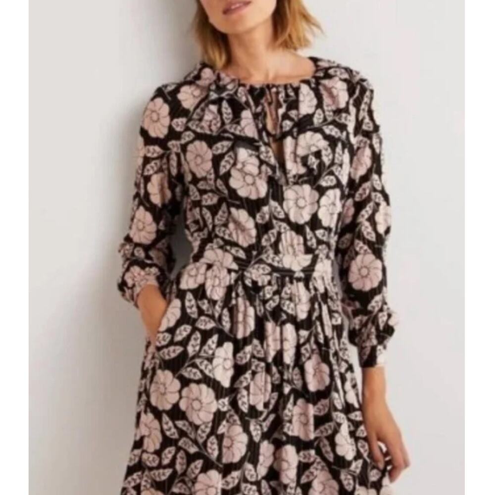 Boden Black/Gold Metallic Floral Notch Neck Ruffle Long Sleeve Dress Size‎ 6